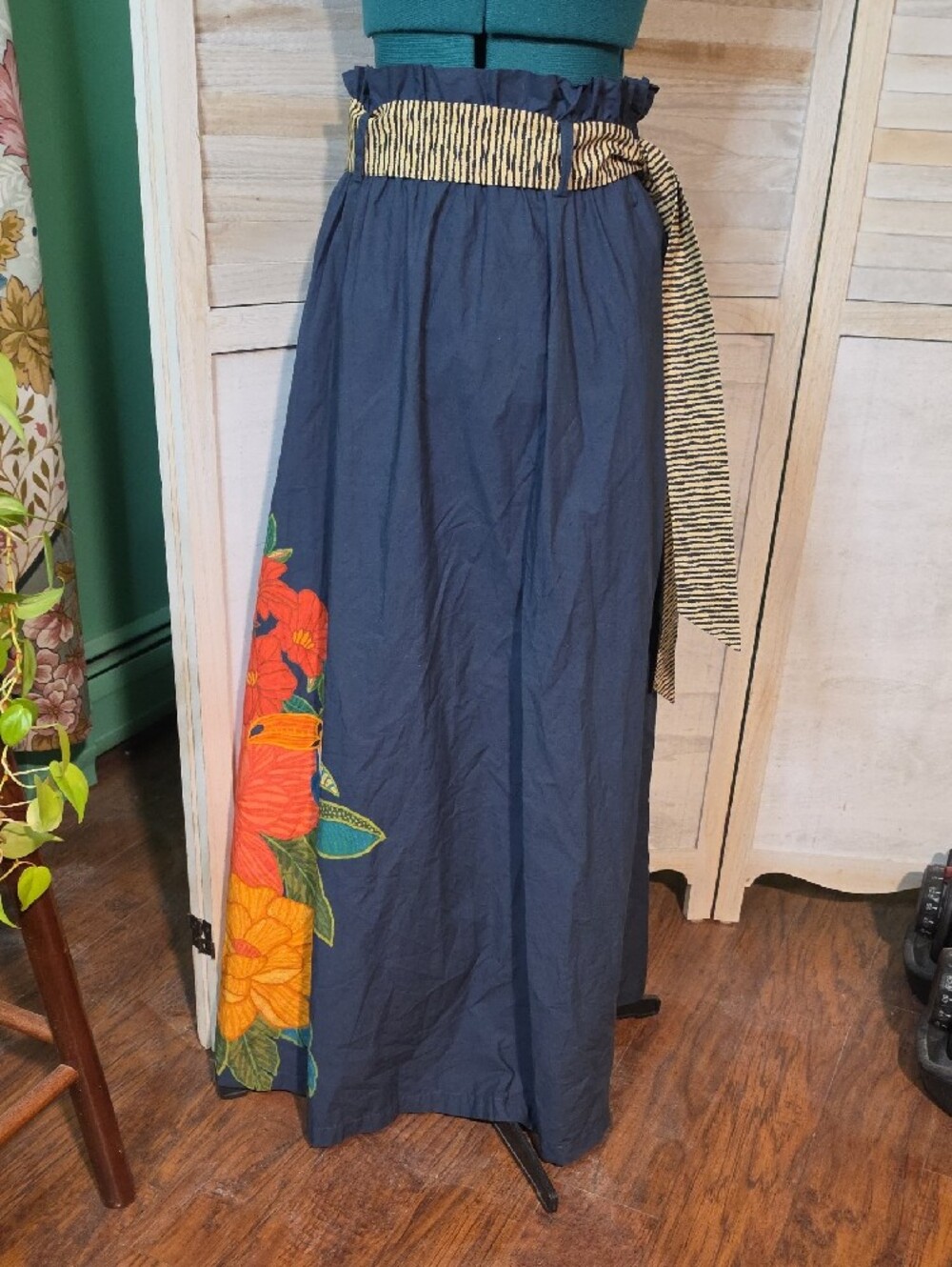 FARM Rio for Anthropologie Navy Tropical Parrot Floral Paperbag Maxi Skirt - Picture 5 of 7